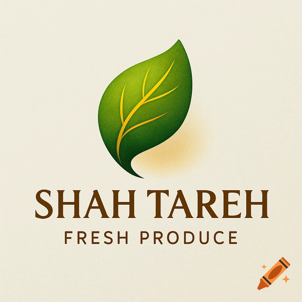 Logo for 'Shah Tareh Fresh Produce' with a vibrant green leaf featuring gold veins on a textured cream background.
