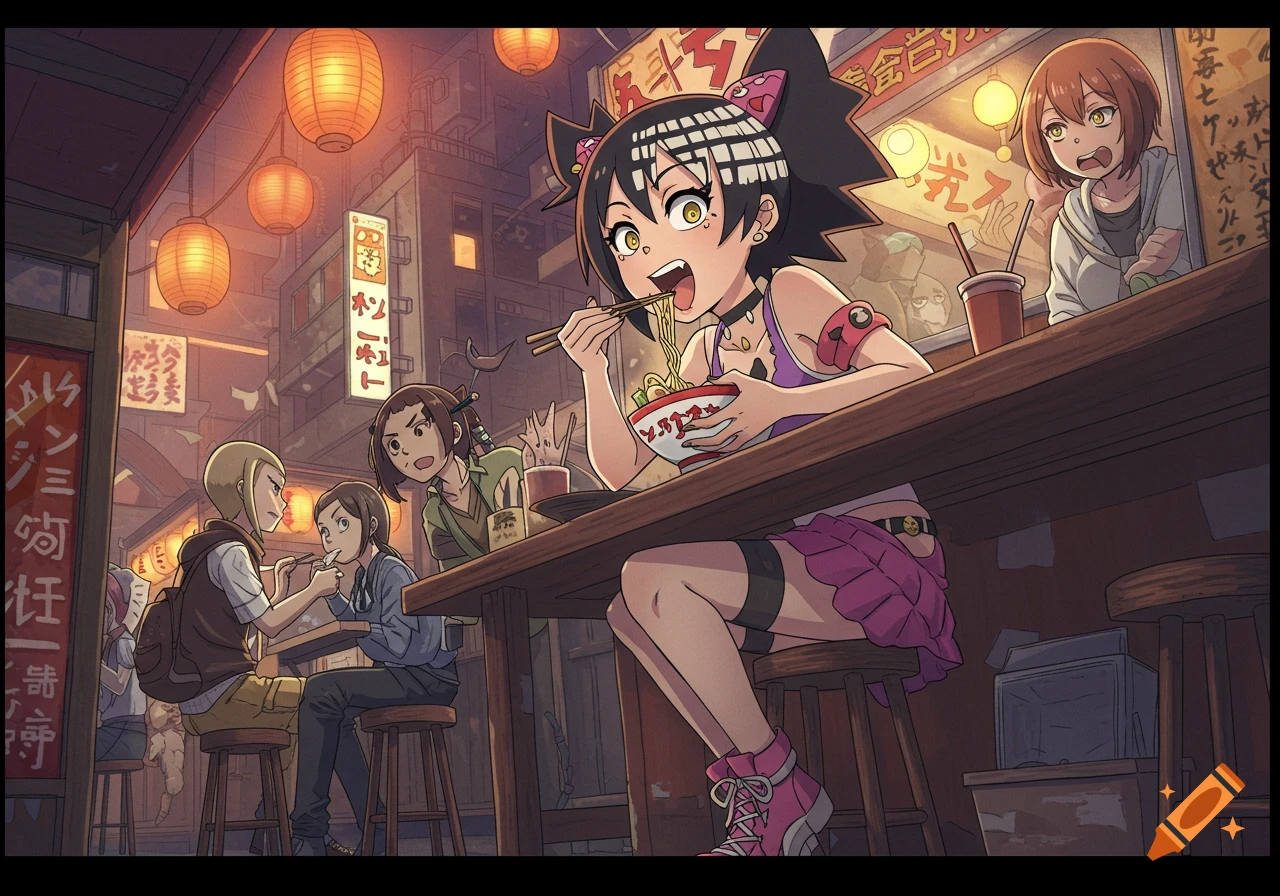 Anime-style illustration of a girl with spiky black hair and cat-ear bows eating ramen at a street food stall with friends, surrounded by lanterns and signs.