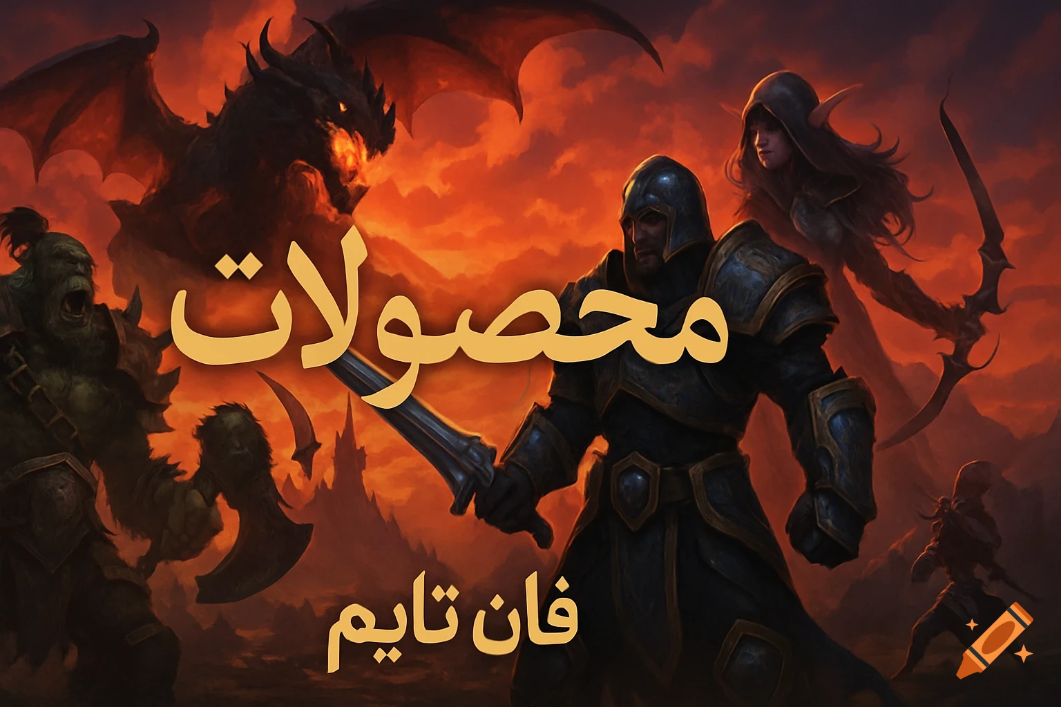 An epic fantasy illustration featuring a warrior, orc, elf, and a dragon against a fiery orange sky, with Persian text.