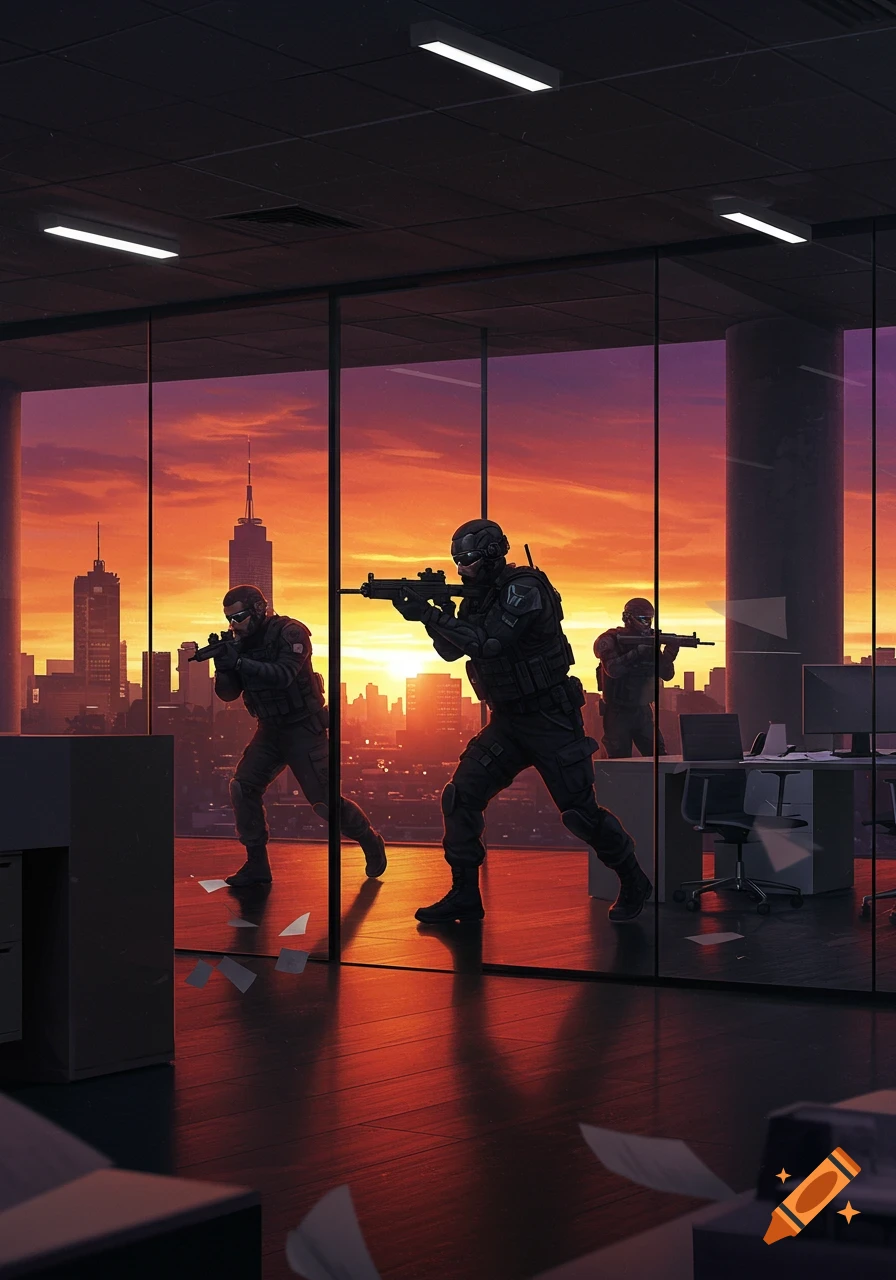 Three armed tactical operatives in an office with a city skyline at sunset, digital art.