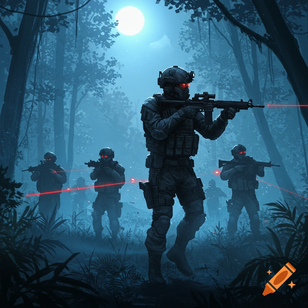 A squad of special forces soldiers with glowing red eyes and laser sights navigates a dark, misty forest under a full moon.