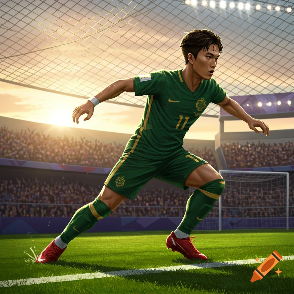 Male soccer player in a green uniform and red cleats runs on a stadium field during sunset with a crowd in the background.