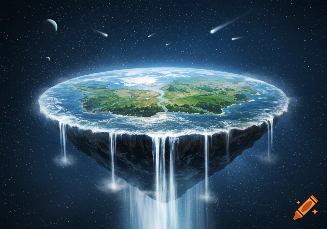 A fantastical depiction of a flat earth floating in space, with oceans spilling over its edges in waterfalls, surrounded by stars, moons, and meteors.