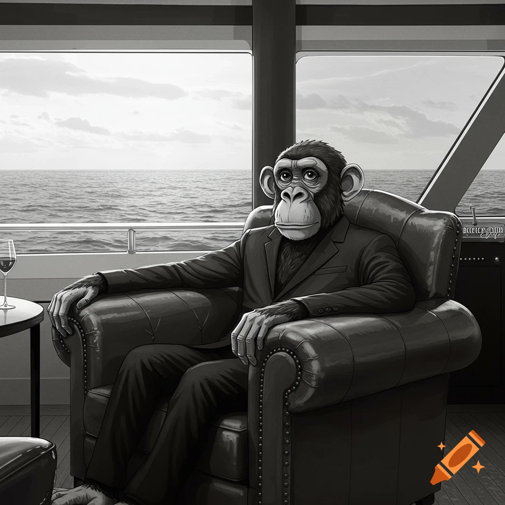 Monochrome chimpanzee in a suit seated in a leather armchair on a yacht, looking out at the ocean.