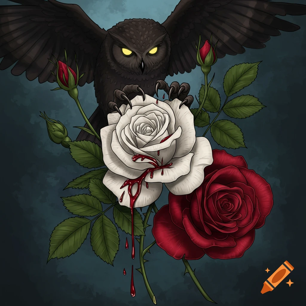 A stylized illustration of a dark owl with glowing yellow eyes, claws gripping a white rose that bleeds onto a red rose.