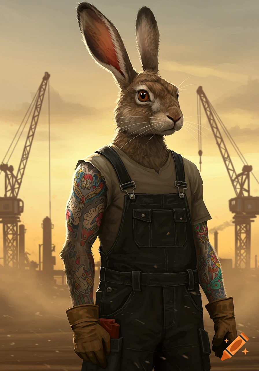 A serious anthropomorphic hare in construction overalls with colorful arm tattoos, standing in an industrial setting at sunset.