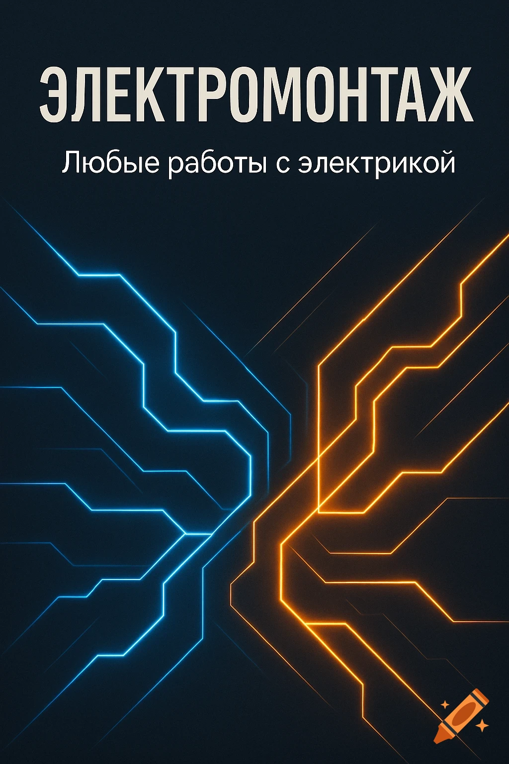Minimalist poster with glowing blue and orange circuit lines on a dark background, advertising electrical services.