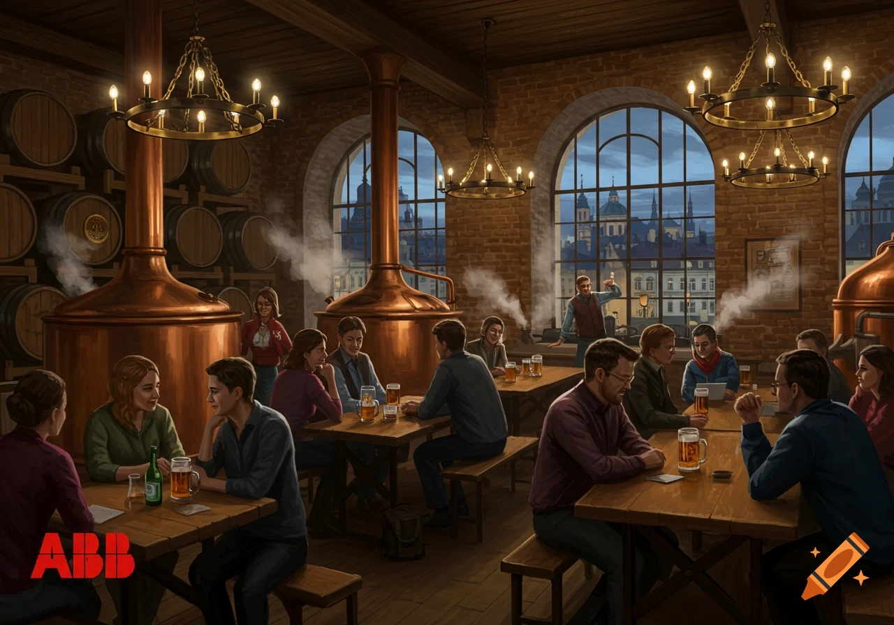 Diverse people socialize in a brewery with copper tanks, barrels, and windows overlooking a city skyline at dusk. An ABB logo is in the foreground.