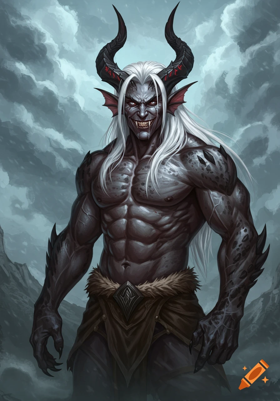 A formidable, muscular grey-skinned fantasy demon with white hair, black horns with red runes, sharp fangs, and scales.