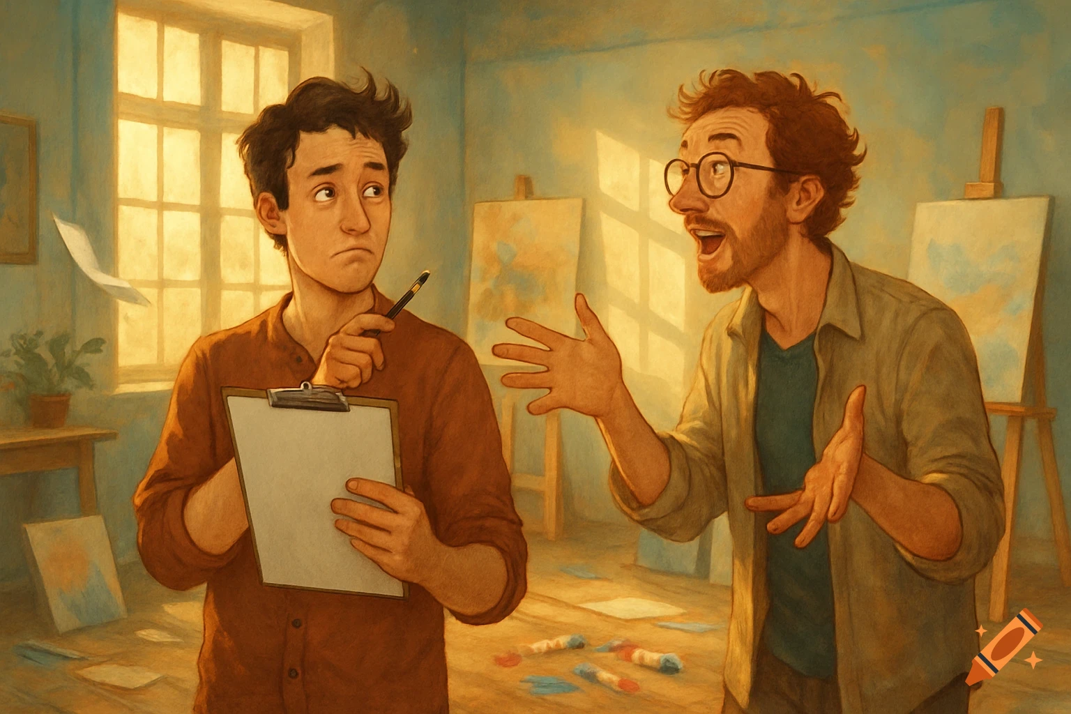 An illustrated scene of two men in an art studio, one holding a clipboard, the other talking animatedly and gesturing.