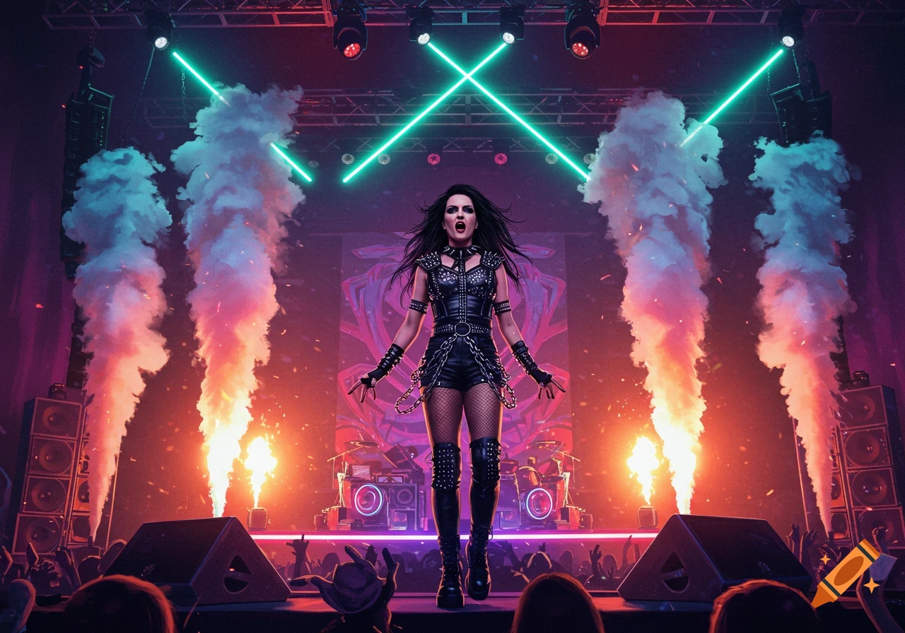 A female singer in a studded leather outfit performs on a stage with green lasers, smoke, and flames, in front of a cheering crowd.