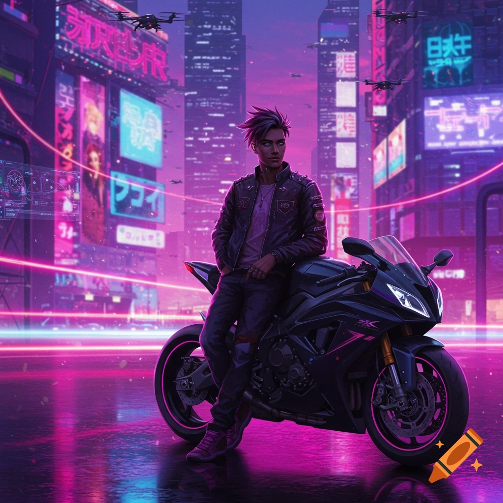 A man with spiky hair leans on a black motorcycle in a neon-lit cyberpunk city at night.