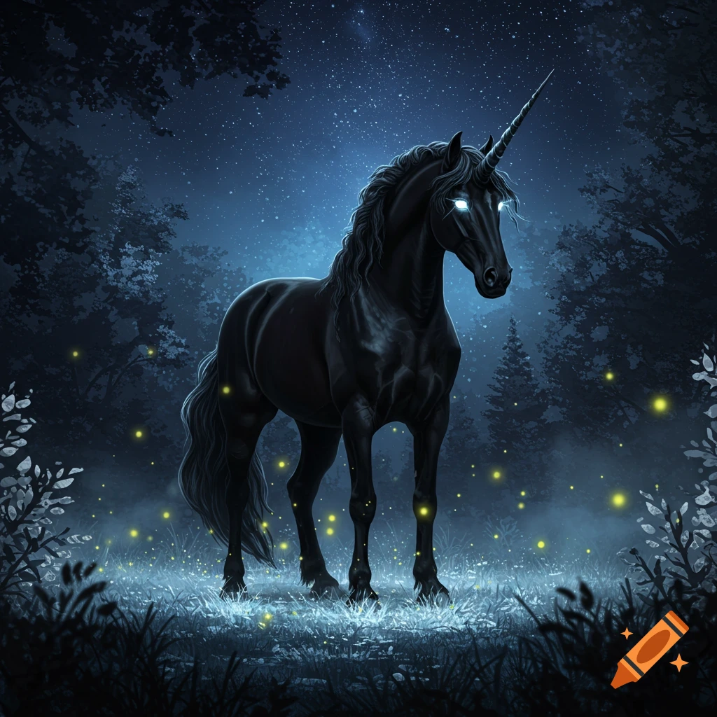A majestic black unicorn with glowing white eyes stands in a dark, misty fantasy forest under a starry night sky, surrounded by glowing orbs.