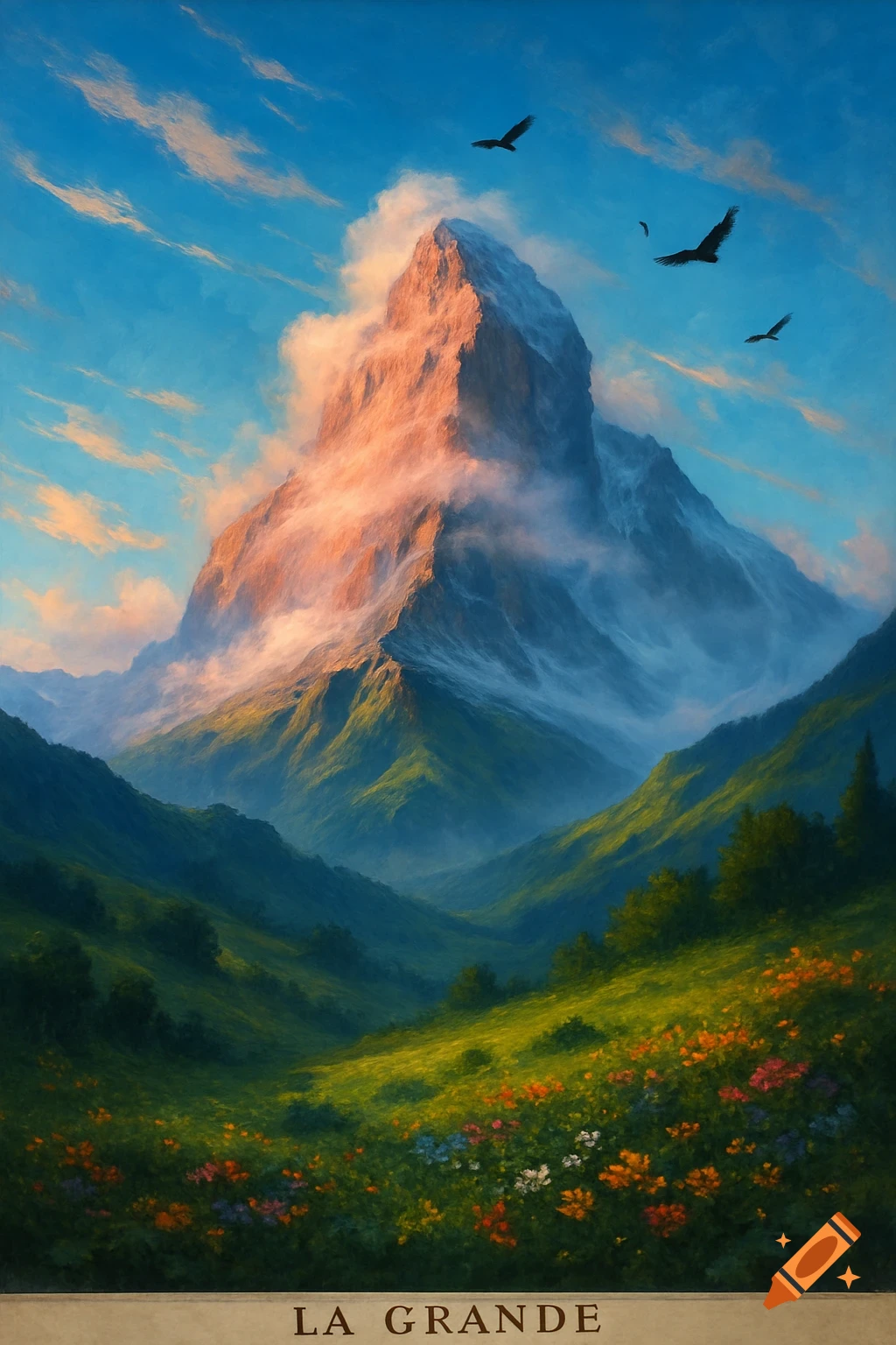 A vibrant painting of a sunlit mountain peak, green valleys, and wildflowers, with "LA GRANDE" text at the bottom.