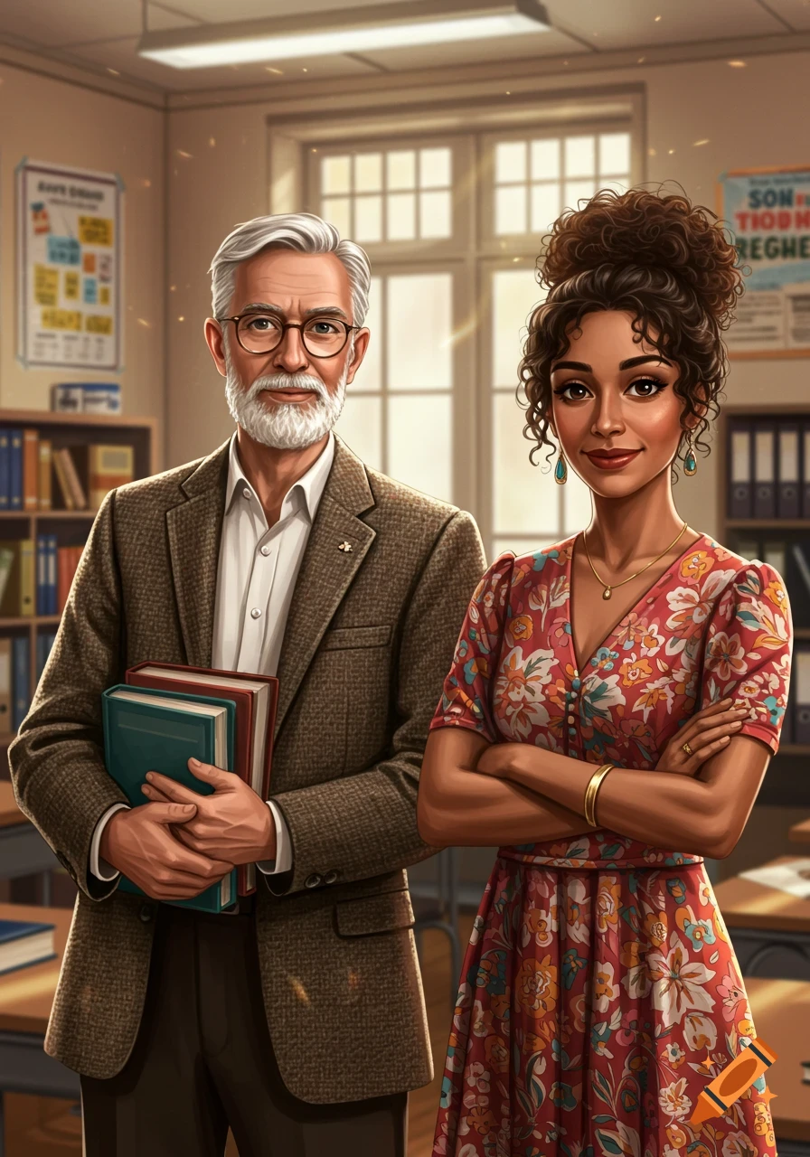 A smiling male teacher holding books and a female teacher with crossed arms stand in a sunlit classroom.