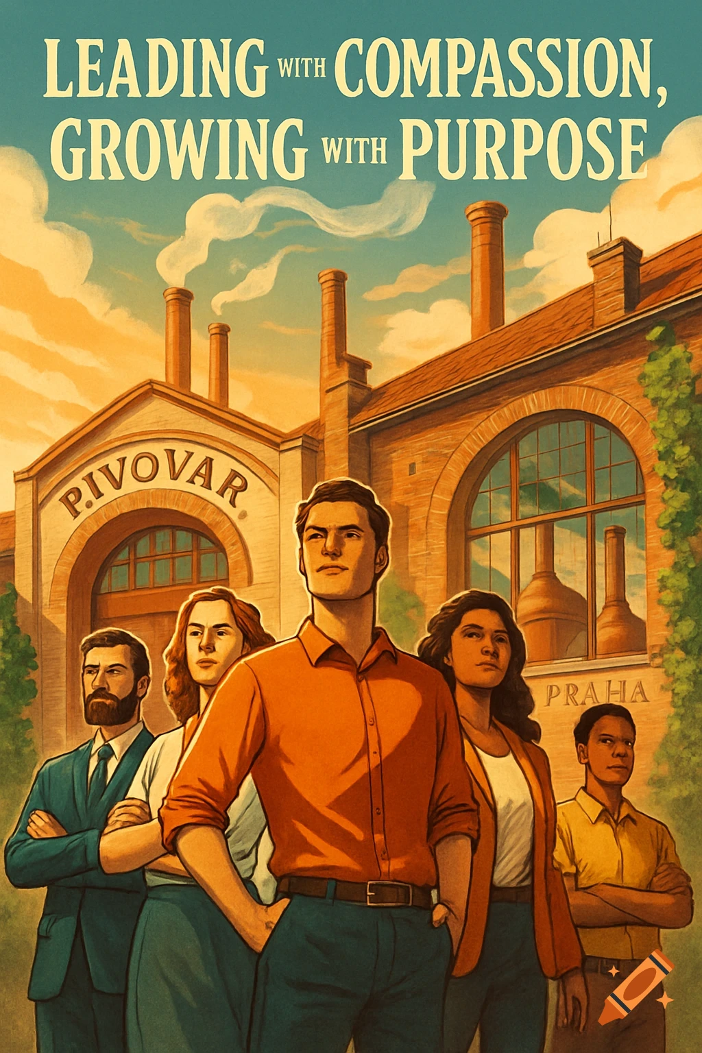 Vintage illustration of five people in front of a Prague brewery with text 'Leading with Compassion, Growing with Purpose'.