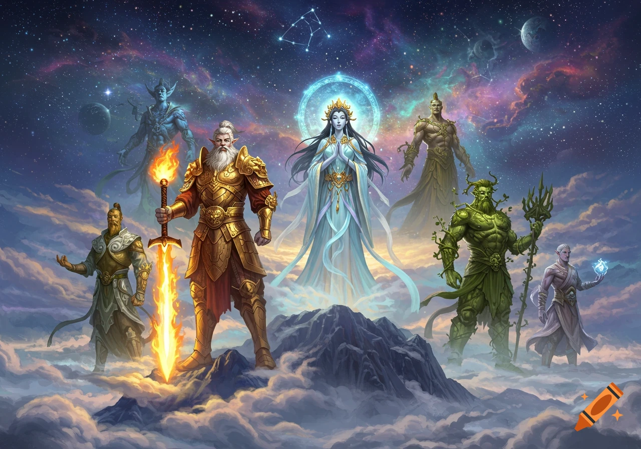 Multiple god-like figures, including a golden armored warrior with a flaming sword, stand on clouds in a cosmic sky.