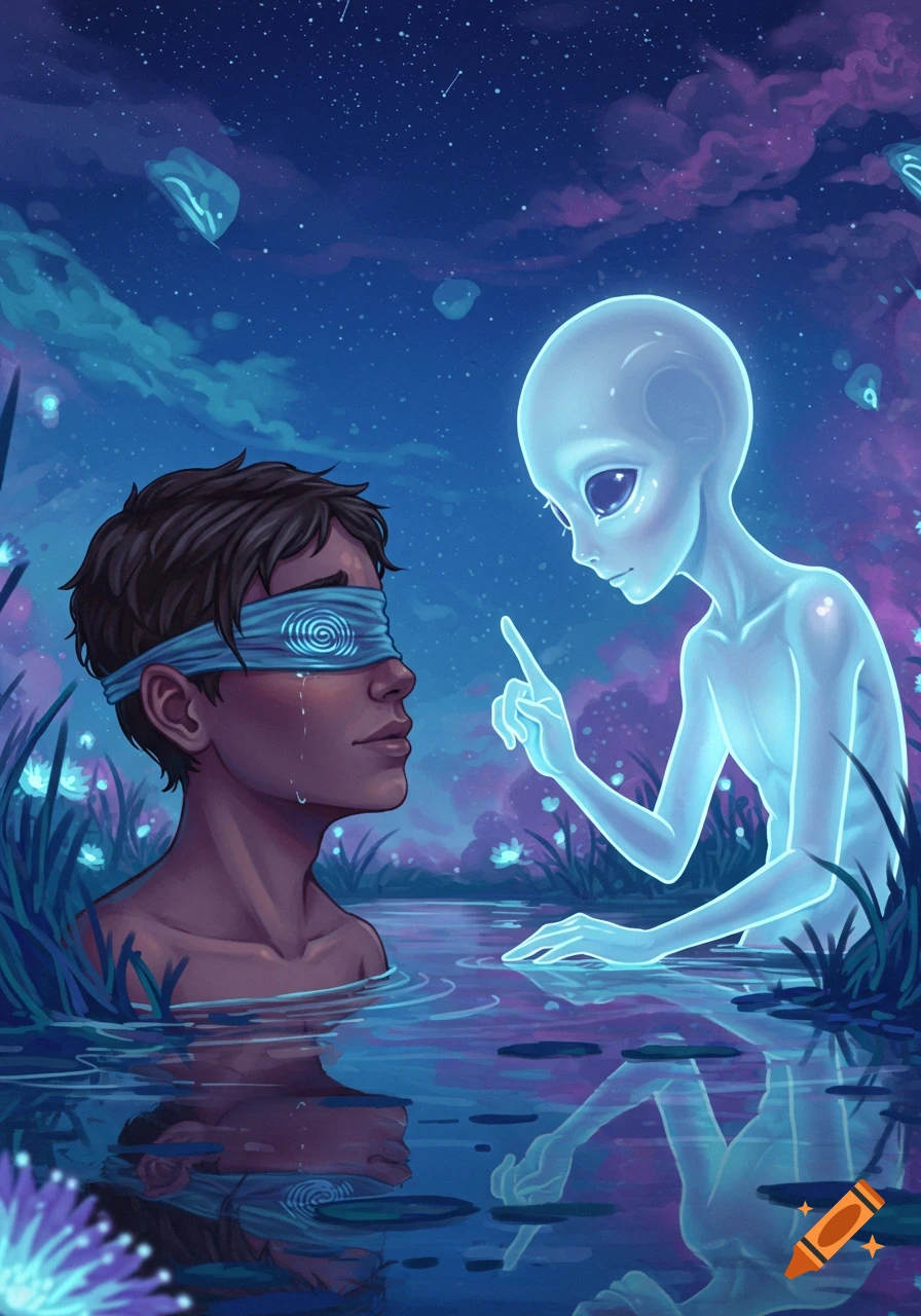 A blindfolded person cries in water as a glowing alien points a finger in a surreal, starry night landscape with glowing plants.