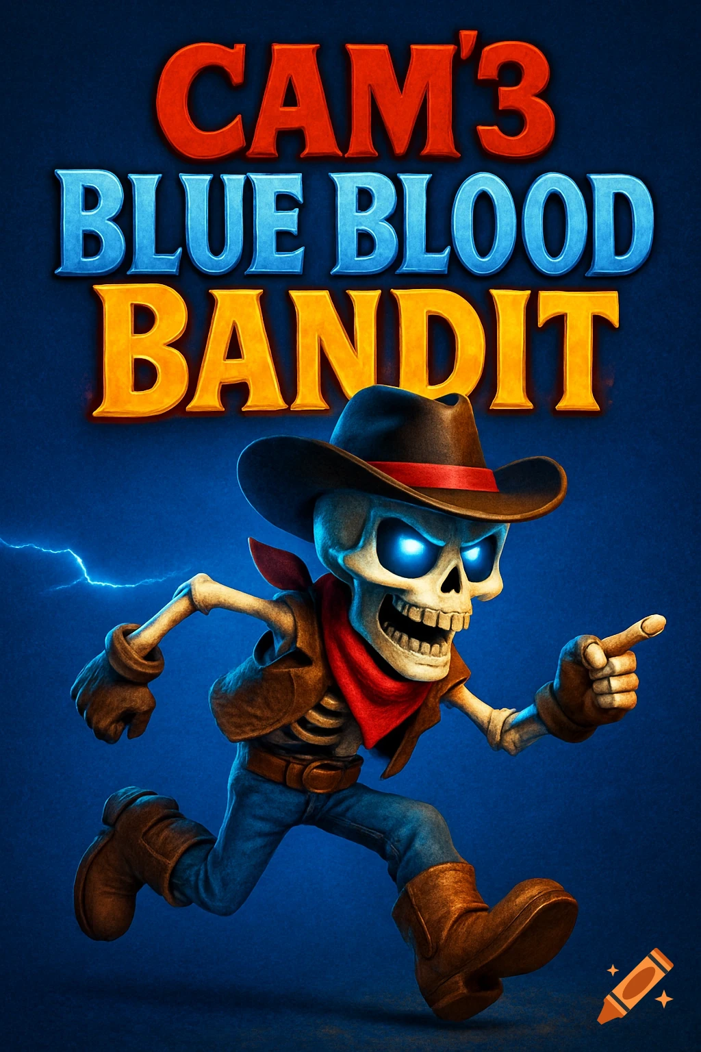 A stylized cartoon skeleton cowboy with glowing blue eyes, running and pointing on a lightning blue background. Text: CAM'3 BLUE BLOOD BANDIT.