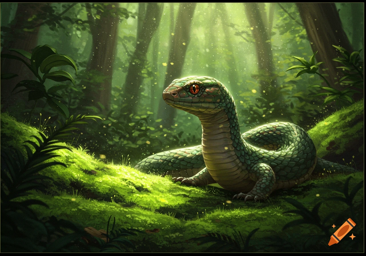 A stylized green Tsuchinoko-like cryptid with red eyes rests on mossy ground in a sun-dappled, lush fantasy forest.