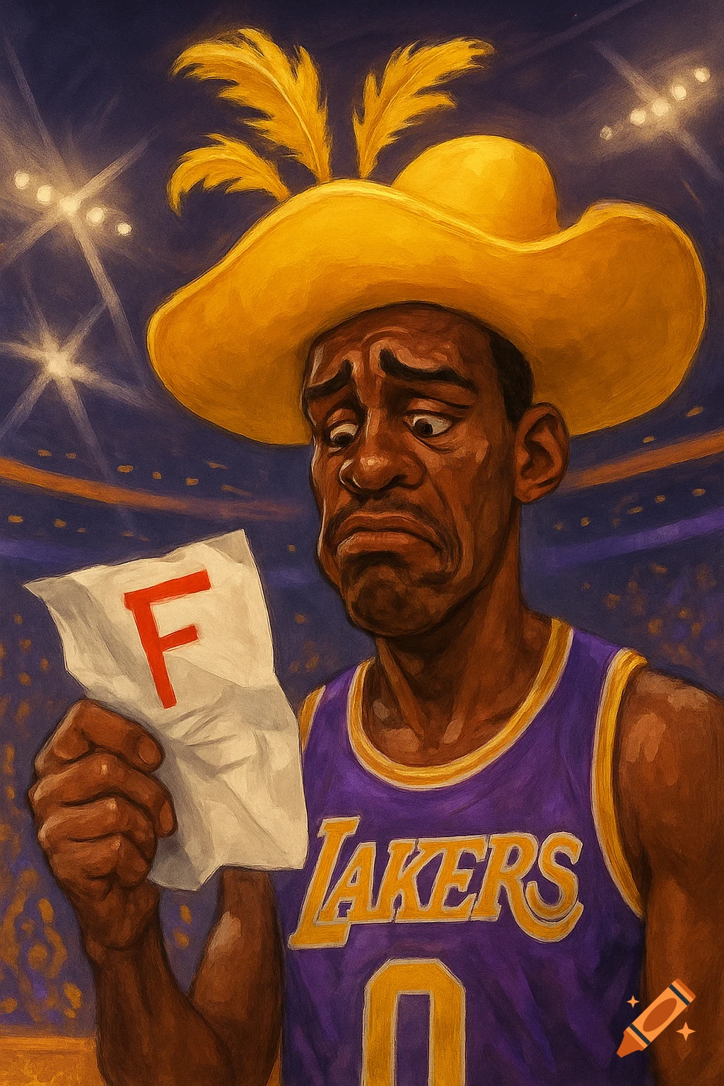 A sad cartoonish man in a Lakers jersey and a yellow feathered hat holds a crumpled paper with a red 'F' in a stadium.