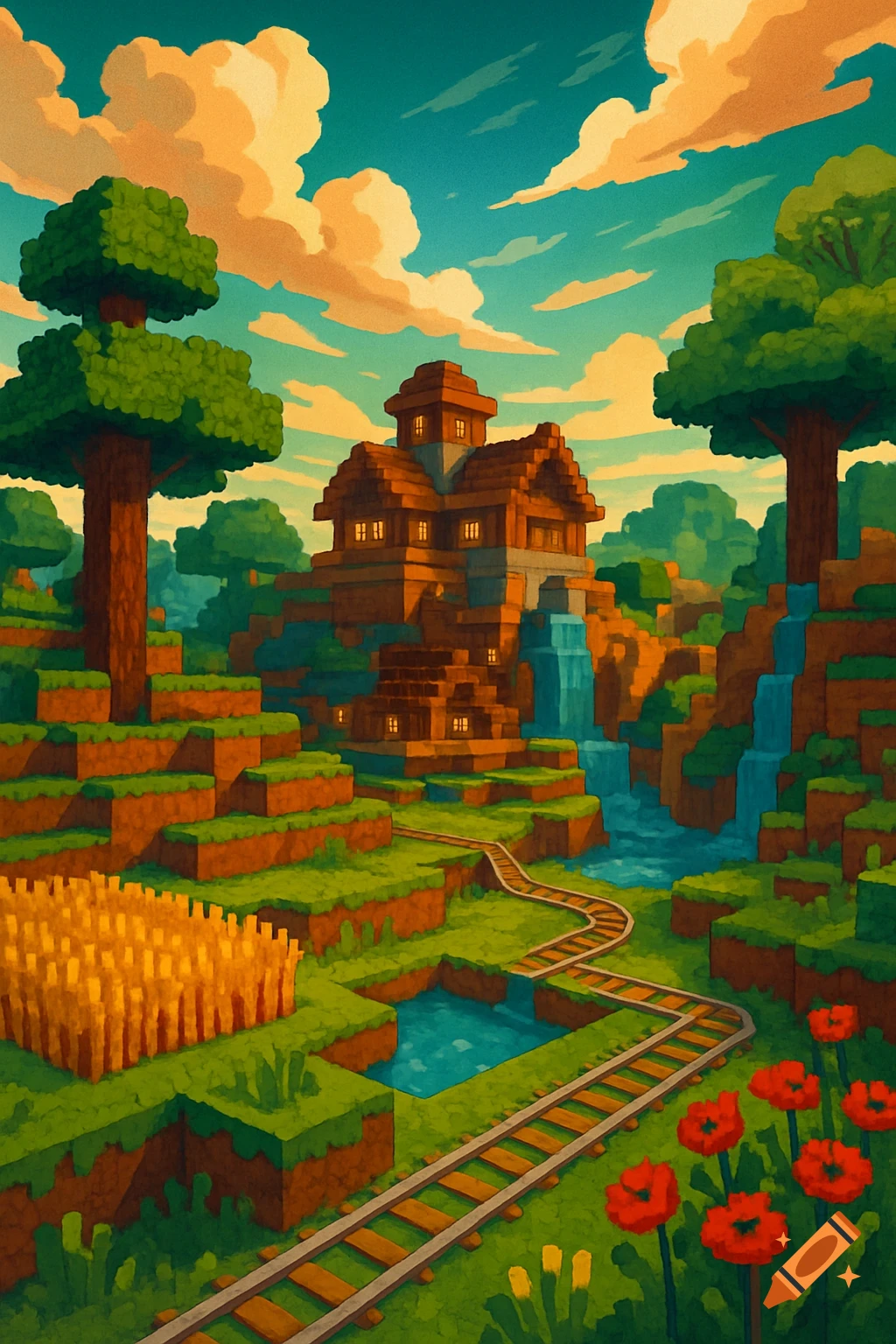 Vibrant blocky landscape reminiscent of Minecraft, featuring a multi-story house, cascading waterfalls, a wheat farm, and a winding railway.