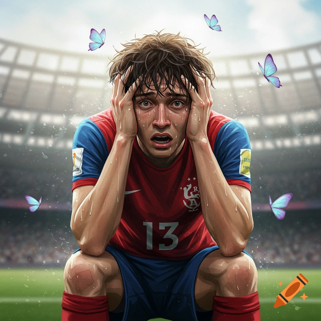 A distressed male soccer player sits on the field, hands clutching his head, sweat on his face, with blue butterflies flying around him in a digital art style.