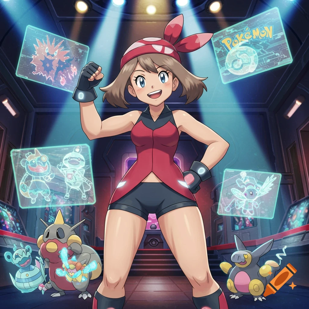 Anime character May in a red outfit, flexing with several Pokémon and holographic screens in an arena.