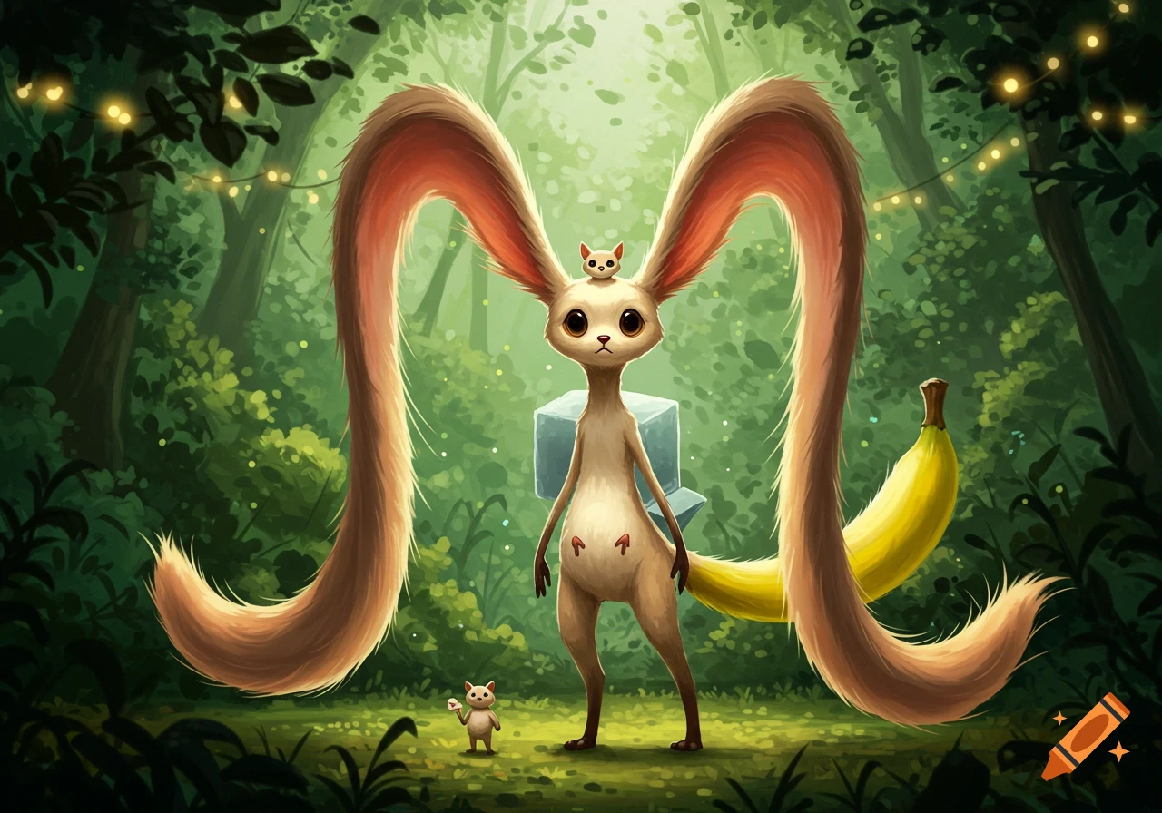 A whimsical fantasy creature with a small cat-like head, long dog-like ears, a square body, and a banana for a tail stands in a mystical forest with string lights. Smaller creatures are on its head and at its feet.