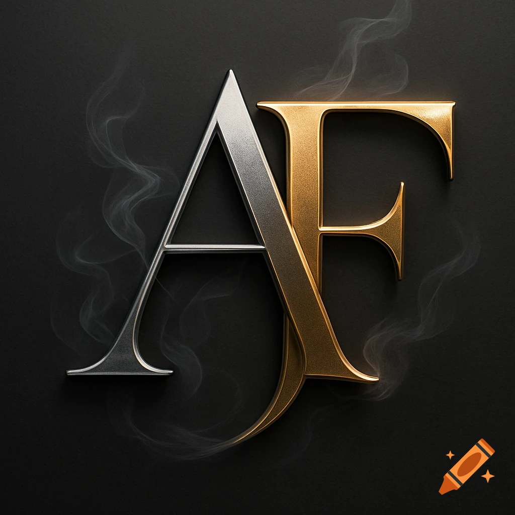 Intertwined silver letter A and golden letter F with smoke on a dark background.