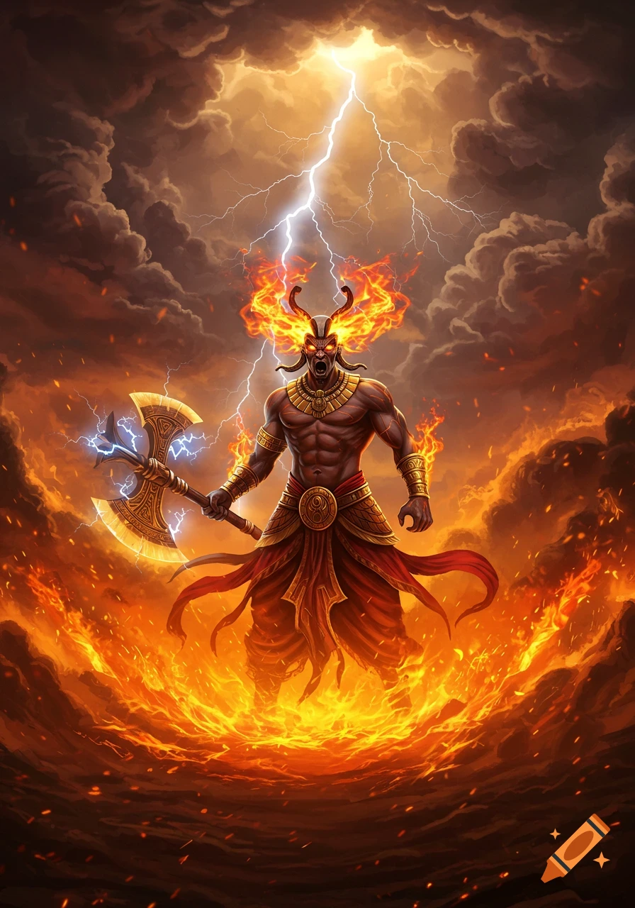 A muscular, horned fire god with an axe stands in a ring of flames under a lightning storm in a digital fantasy art style.