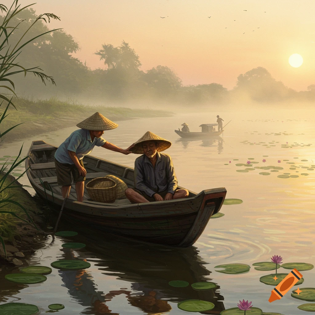 Two men in conical hats in a wooden boat on a misty river with water lilies at sunrise, one tapping the other's shoulder.