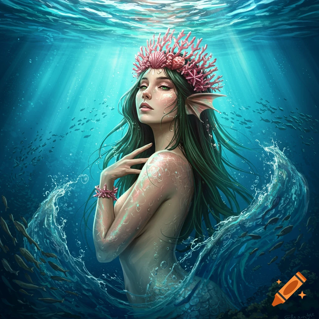 Graceful mermaid with long green hair and a coral crown, partially submerged in a deep blue ocean with schooling fish and light beams.