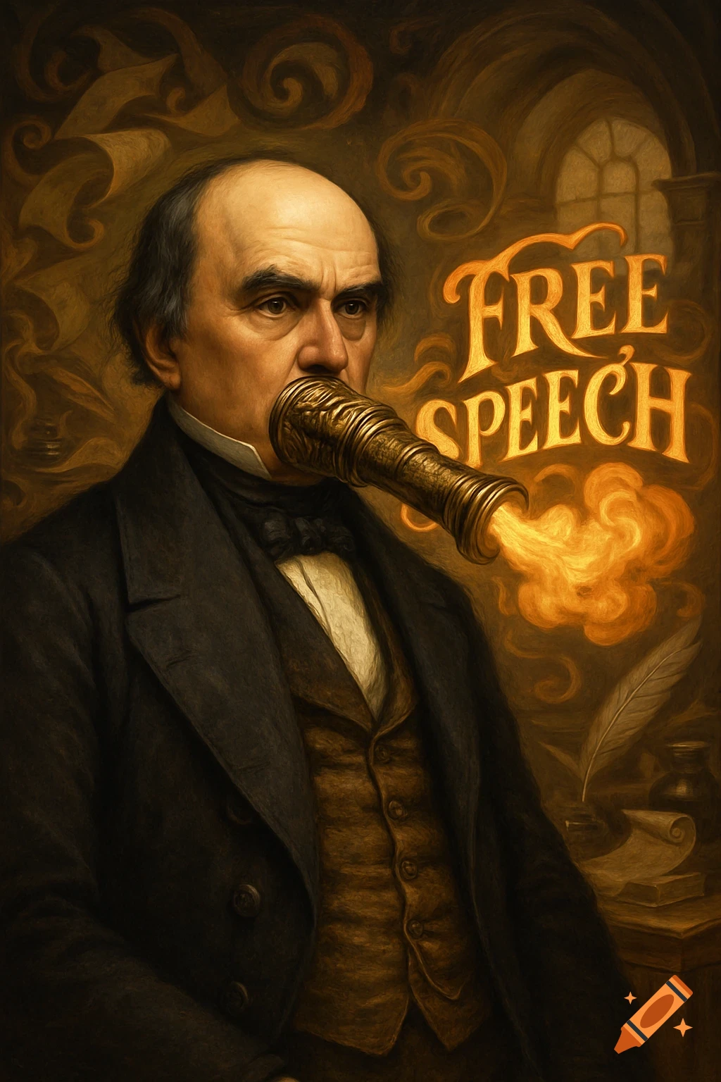 An old painting style portrait of a man with a cannon in his mouth, emitting fiery text that reads "FREE SPEECH".