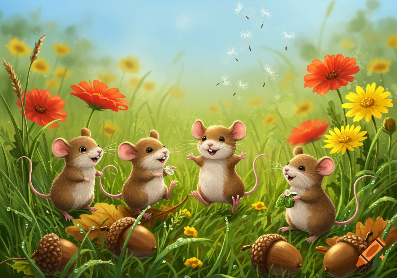 Four cute cartoon mice play in a sunny green field with colorful flowers, dandelions, and acorns.