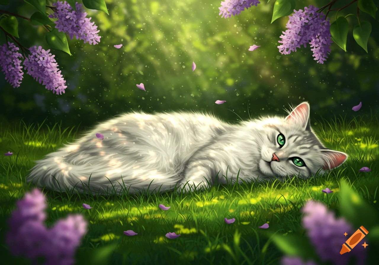 A fluffy white and grey cat with green eyes lies in sunlit green grass surrounded by purple lilac flowers and petals.