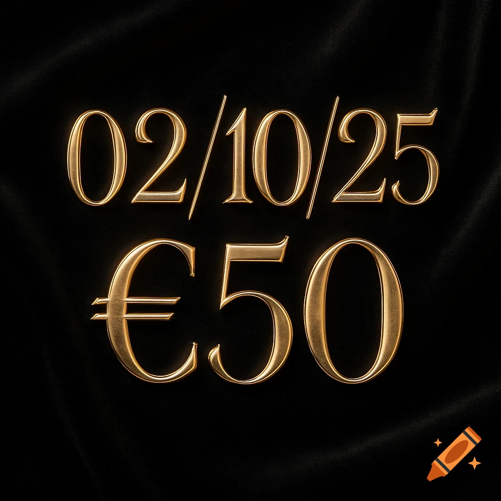 Gold embossed text '02/10/25' and '"50' on a draped black satin background.