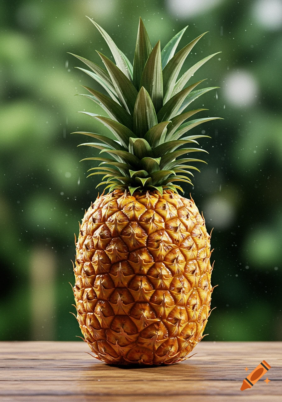 A photorealistic wet pineapple stands upright on a wooden table with a blurred green, leafy background and subtle droplets.