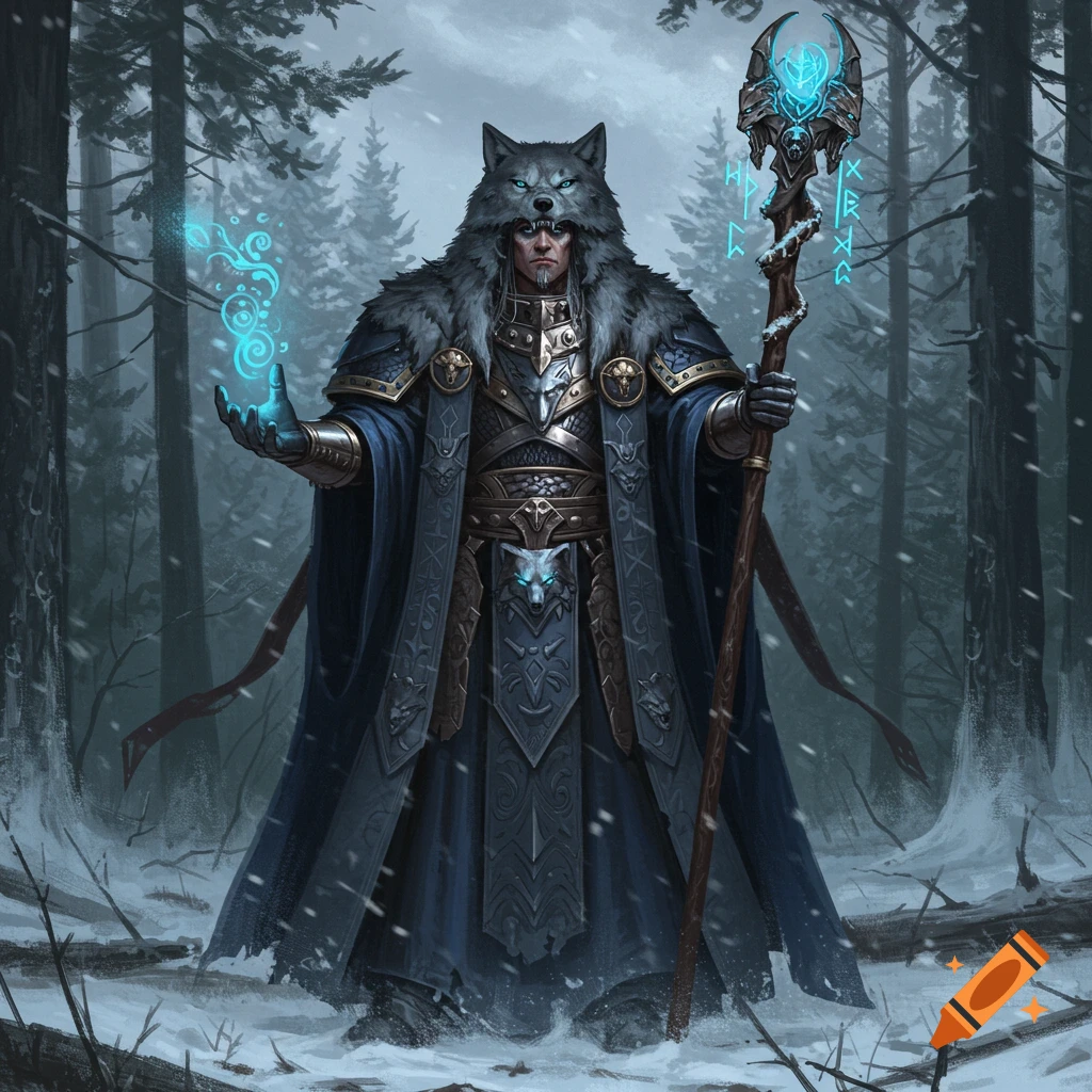 A powerful wolf priest in wolf pelt and armor stands in a snowy forest, holding a glowing magical staff and casting a spell with a glowing hand.