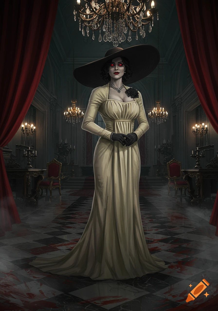 Lady Dimitrescu in a cream gown and wide-brimmed hat stands in a dark gothic hall with a blood-splattered floor.