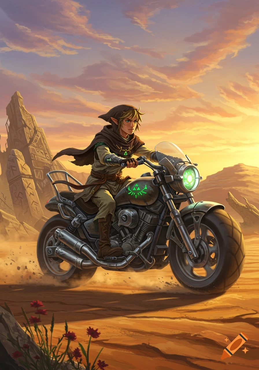 Link from Zelda rides a futuristic motorcycle through a sandy desert at sunset, with rock formations in the background.