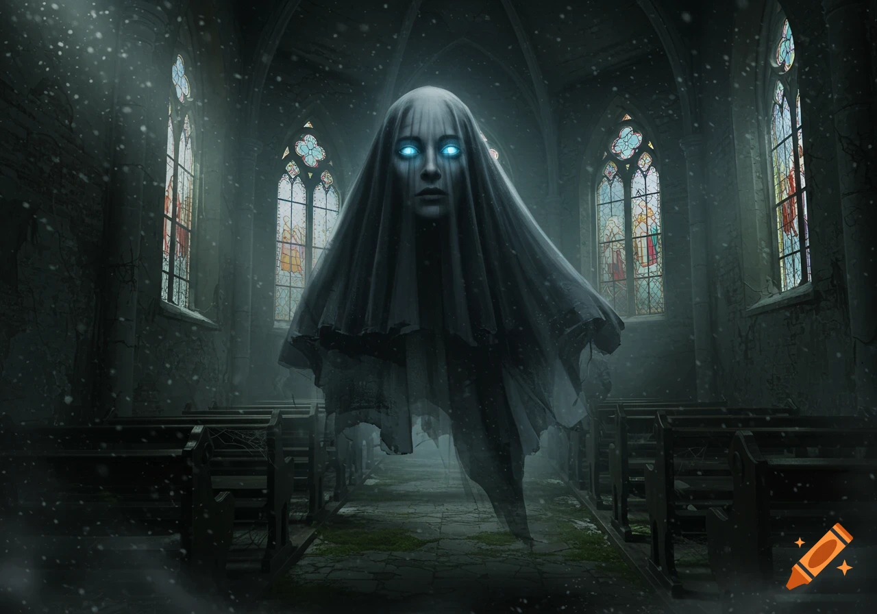 A ghostly figure with glowing blue eyes and a dark veil floats in a decaying church with stained-glass windows, as snow falls.