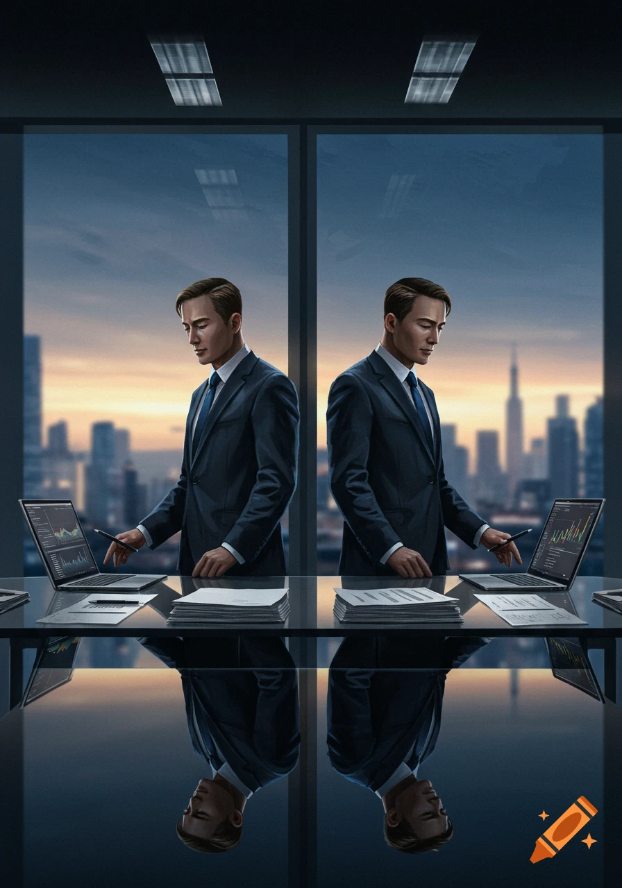 Two men in suits look at laptops with charts in a modern office overlooking a city skyline at sunset, reflected on the desk.