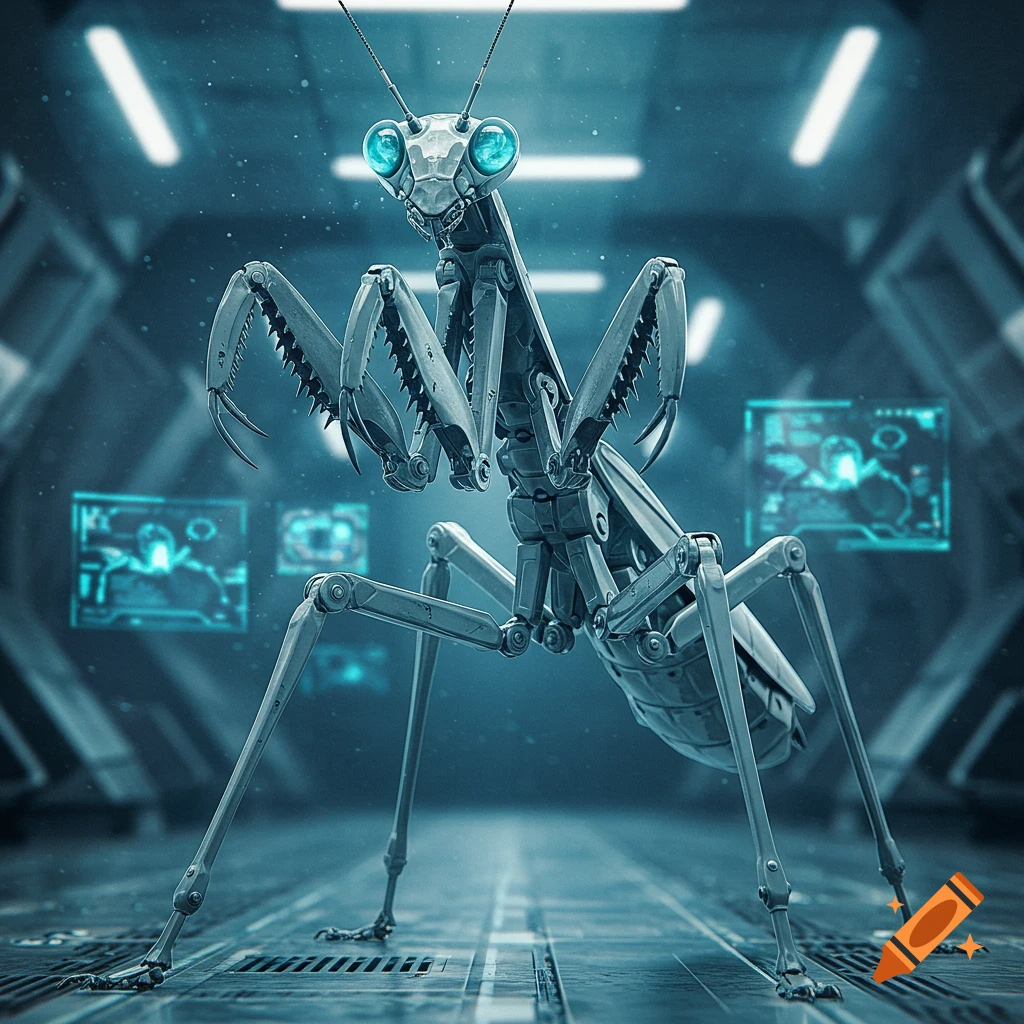 A bright metallic mantis robot with glowing blue eyes stands in a futuristic, dimly lit corridor with holographic screens.
