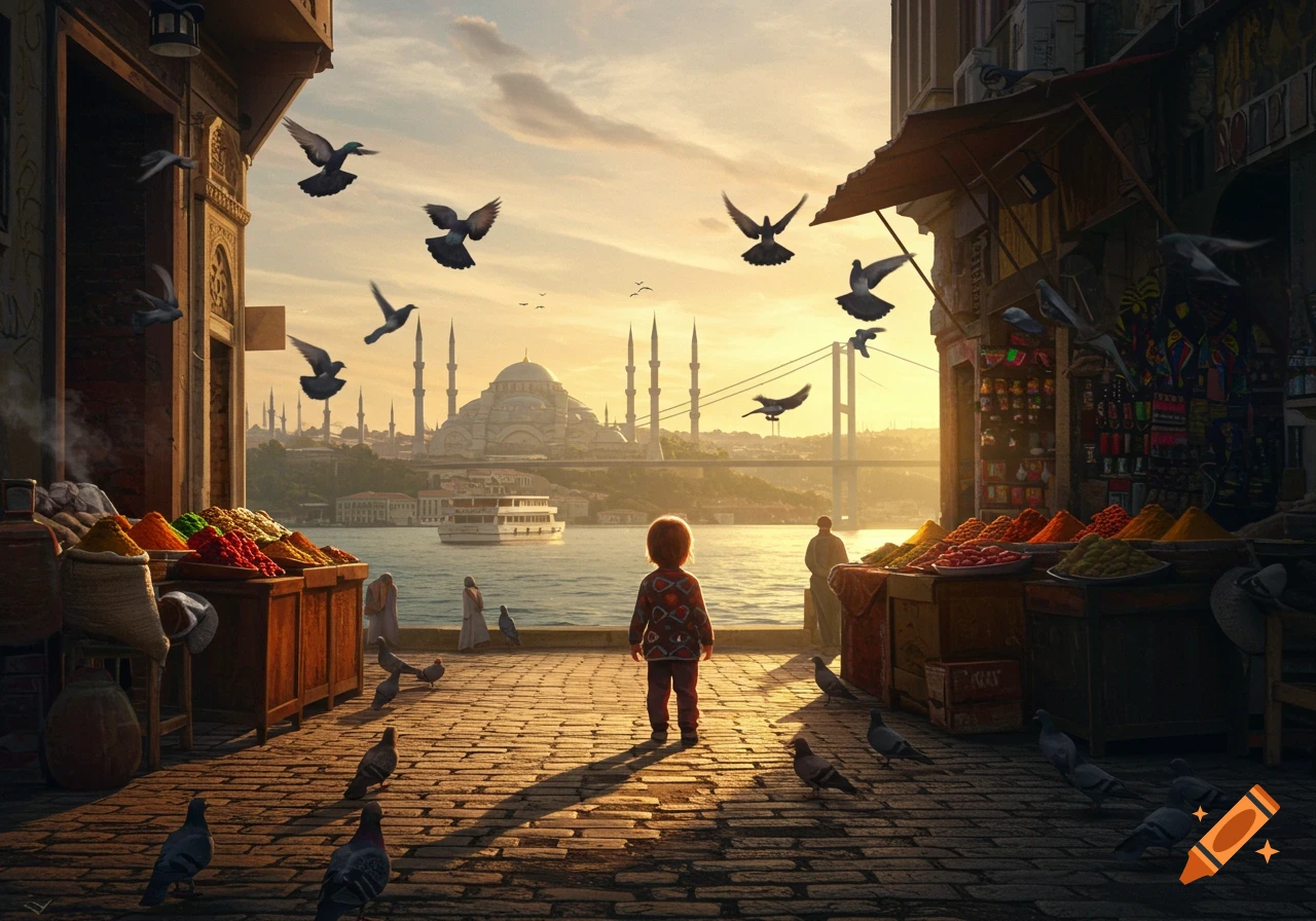 A young child stands alone in a bustling Istanbul market street at sunset, looking towards a mosque and bridge, surrounded by pigeons and spice stalls.