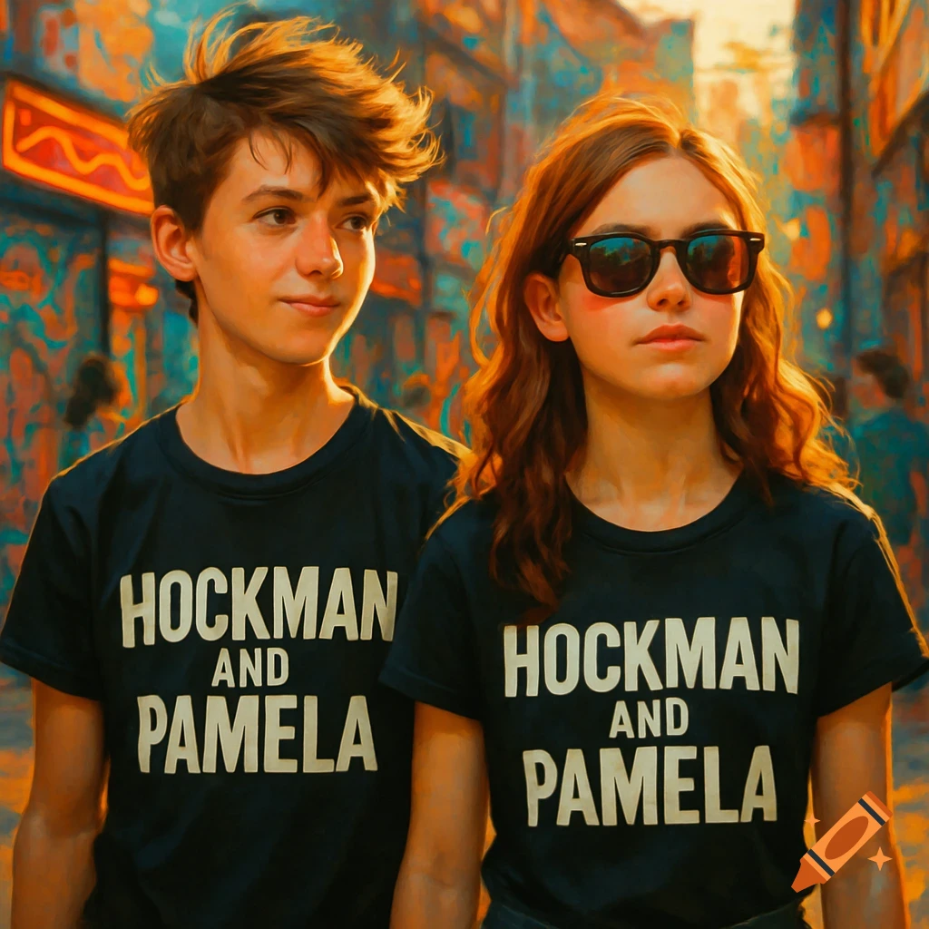 Two teenagers in black 'HOCKMAN AND PAMELA' t-shirts stand in a vibrant, stylized urban setting.