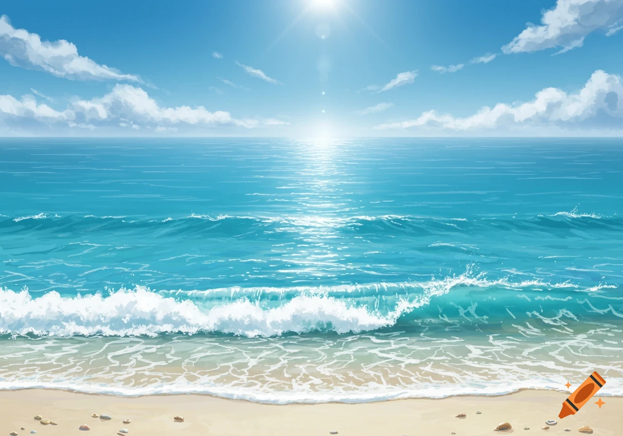 Blue ocean waves crashing on a sandy beach under a bright sunny sky with scattered clouds.