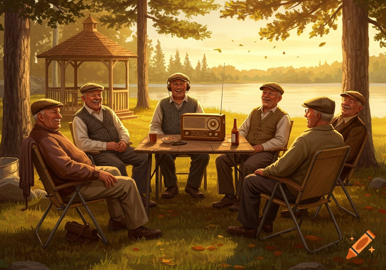 Six elderly men are laughing around a table with a vintage radio by a lake under trees, in a painterly style.