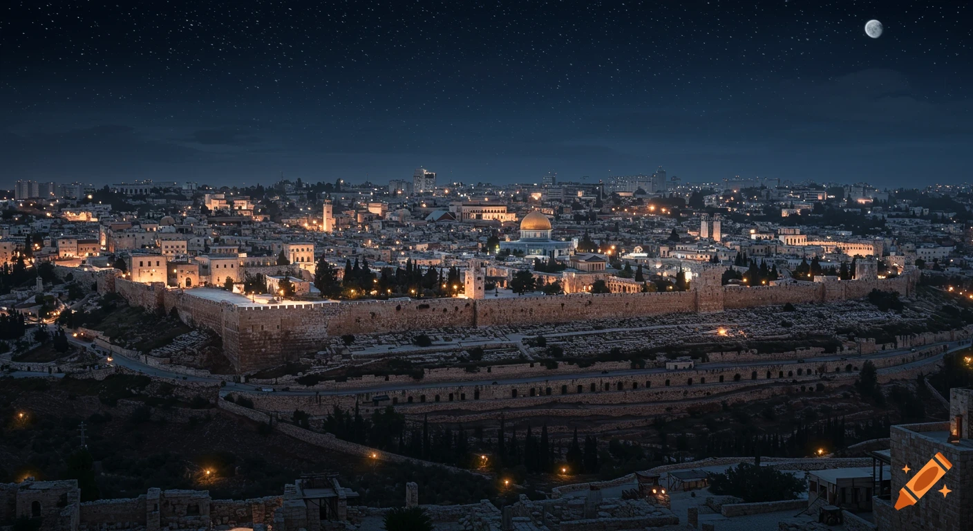 Photorealistic night aerial view of ancient Jerusalem, a walled city lit by warm lights under a starry sky with a full moon.