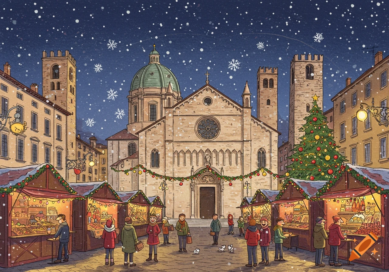 A festive illustration of a snowy Christmas market in a town square with a large church, market stalls, and people.